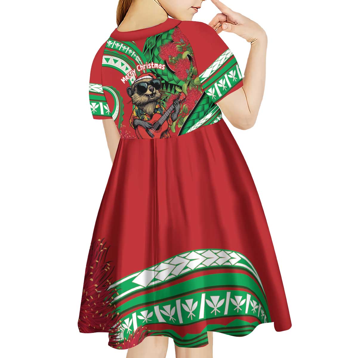 Mele Kalikimaka Hawaii Kid Short Sleeve Dress Mongoose Santa With Ohia Lehua LT14 - Polynesian Pride