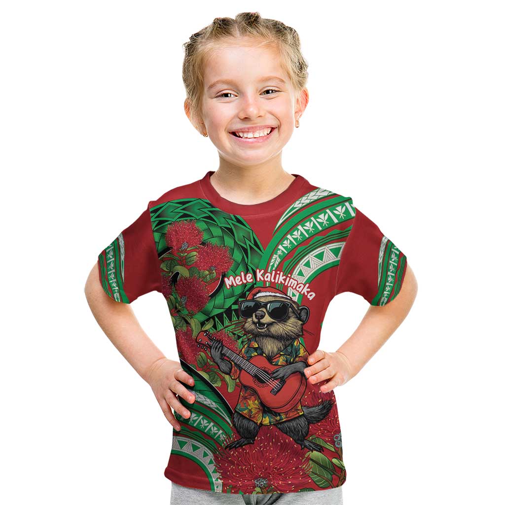 Mele Kalikimaka Hawaii Kid T Shirt Mongoose Santa With Ohia Lehua