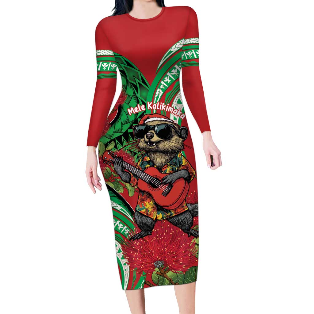 Mele Kalikimaka Hawaii Long Sleeve Bodycon Dress Mongoose Santa With Ohia Lehua