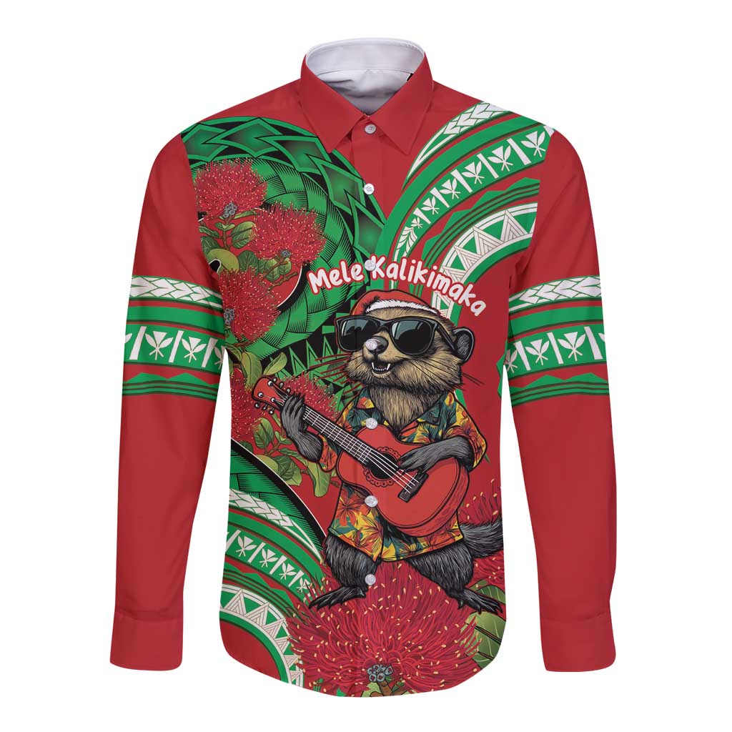 Mele Kalikimaka Hawaii Long Sleeve Button Shirt Mongoose Santa With Ohia Lehua