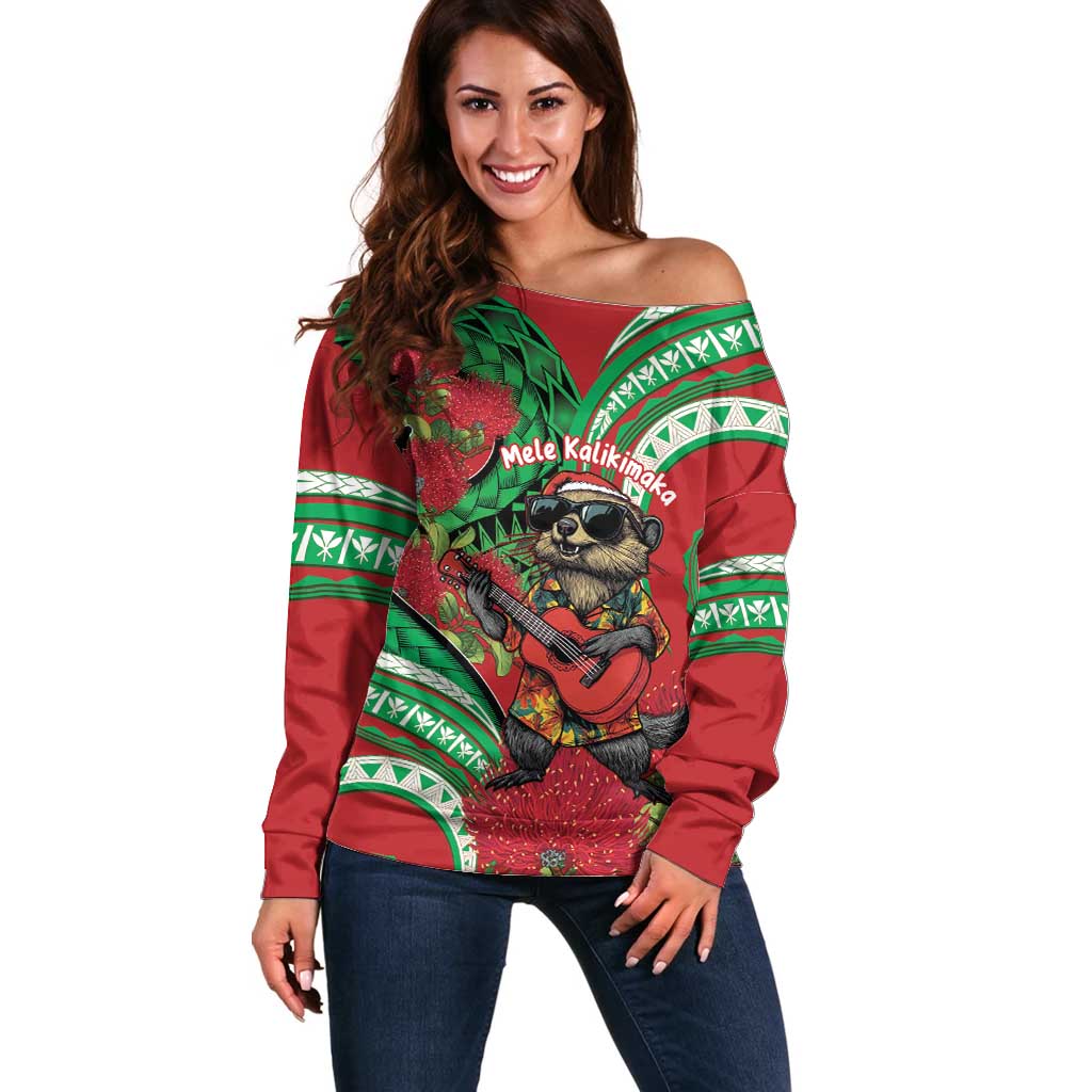 Mele Kalikimaka Hawaii Off Shoulder Sweater Mongoose Santa With Ohia Lehua