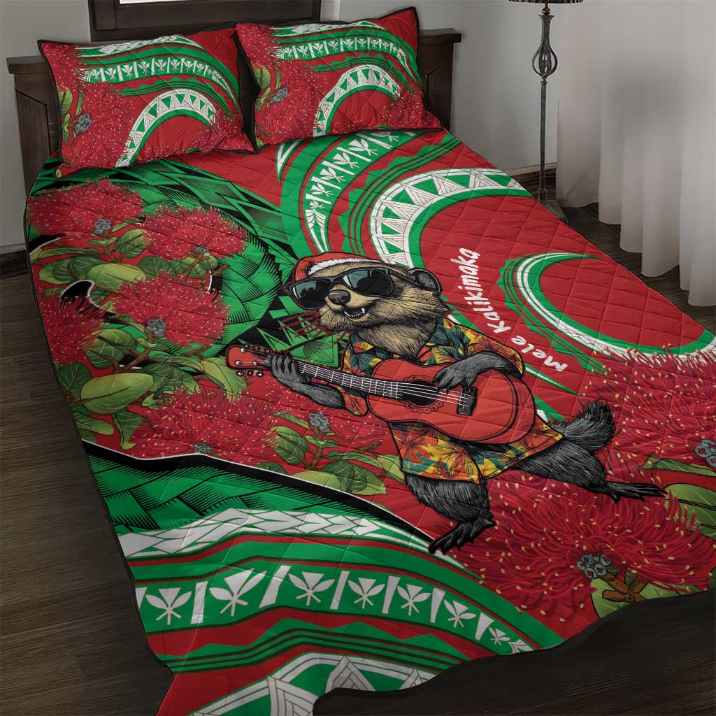 Mele Kalikimaka Hawaii Quilt Bed Set Mongoose Santa With Ohia Lehua