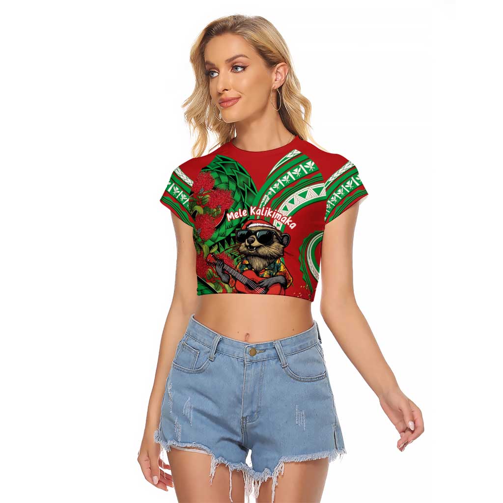 Mele Kalikimaka Hawaii Raglan Cropped T Shirt Mongoose Santa With Ohia Lehua