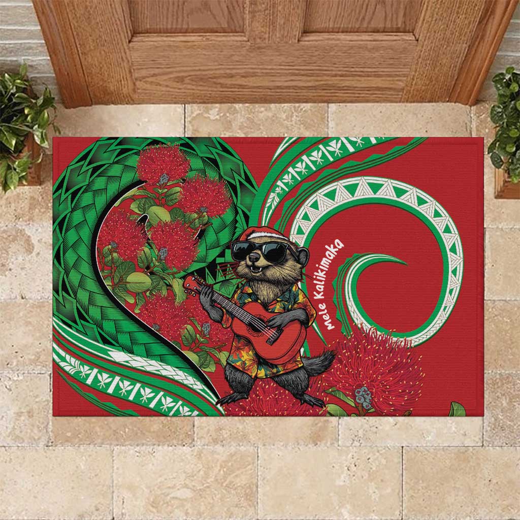 Mele Kalikimaka Hawaii Rubber Doormat Mongoose Santa With Ohia Lehua