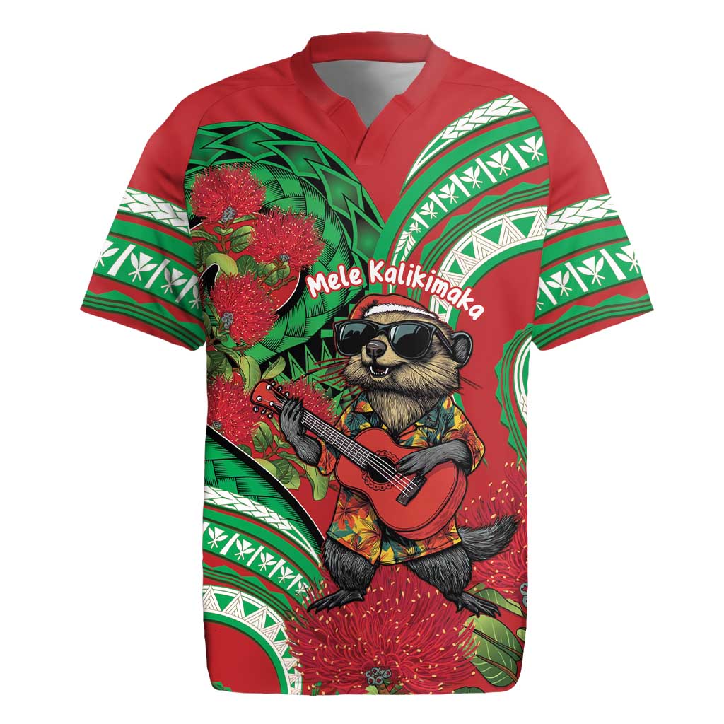 Mele Kalikimaka Hawaii Rugby Jersey Mongoose Santa With Ohia Lehua