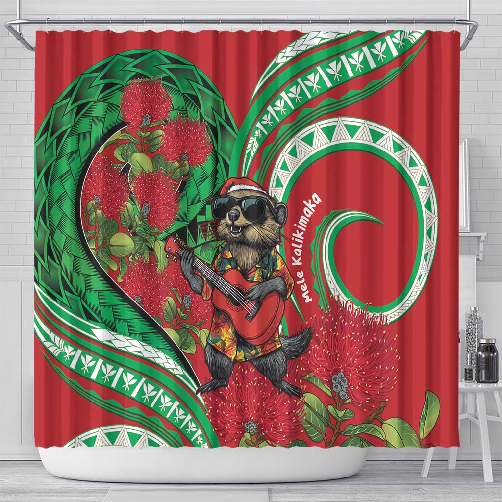 Mele Kalikimaka Hawaii Shower Curtain Mongoose Santa With Ohia Lehua
