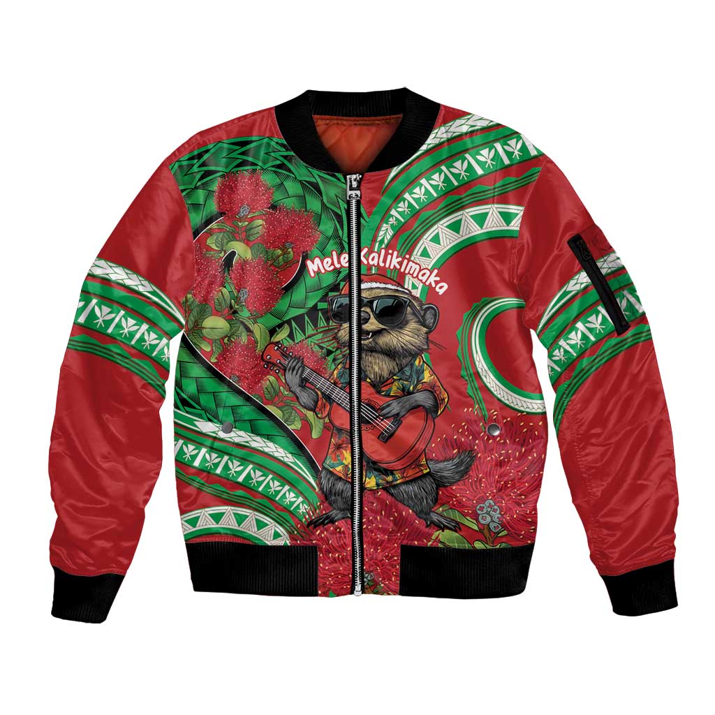 Mele Kalikimaka Hawaii Sleeve Zip Bomber Jacket Mongoose Santa With Ohia Lehua