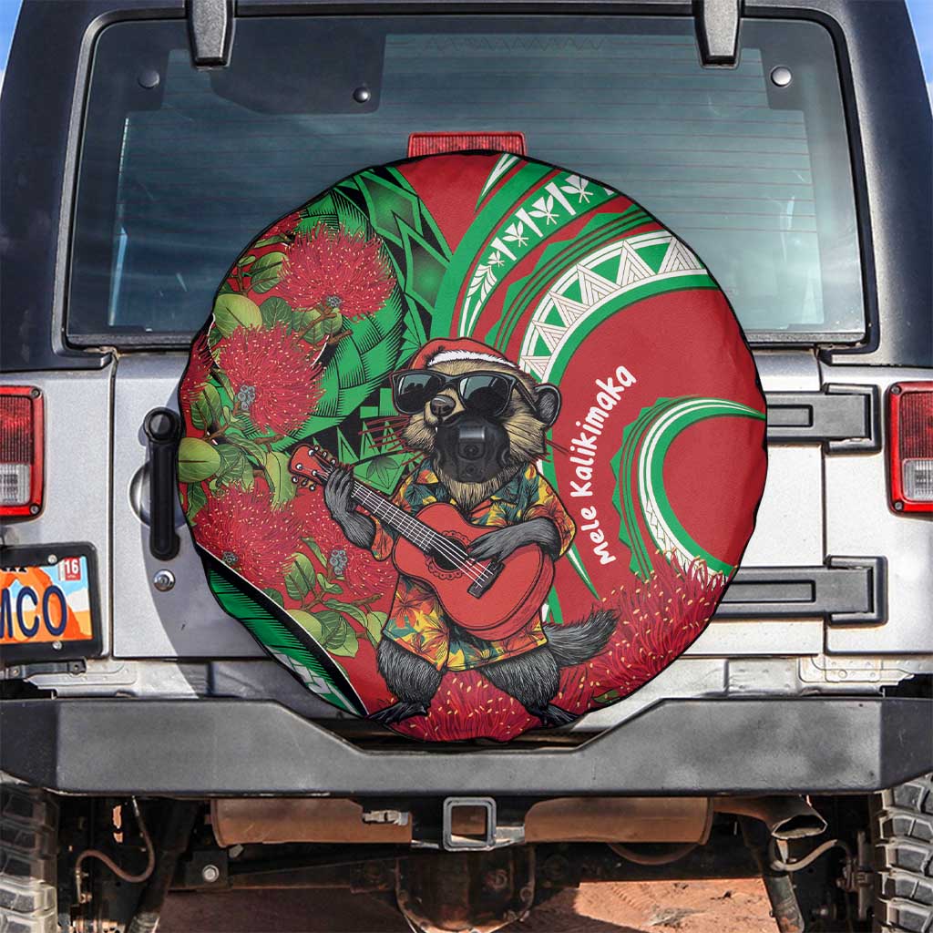 Mele Kalikimaka Hawaii Spare Tire Cover Mongoose Santa With Ohia Lehua