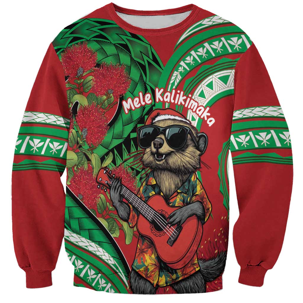 Mele Kalikimaka Hawaii Sweatshirt Mongoose Santa With Ohia Lehua