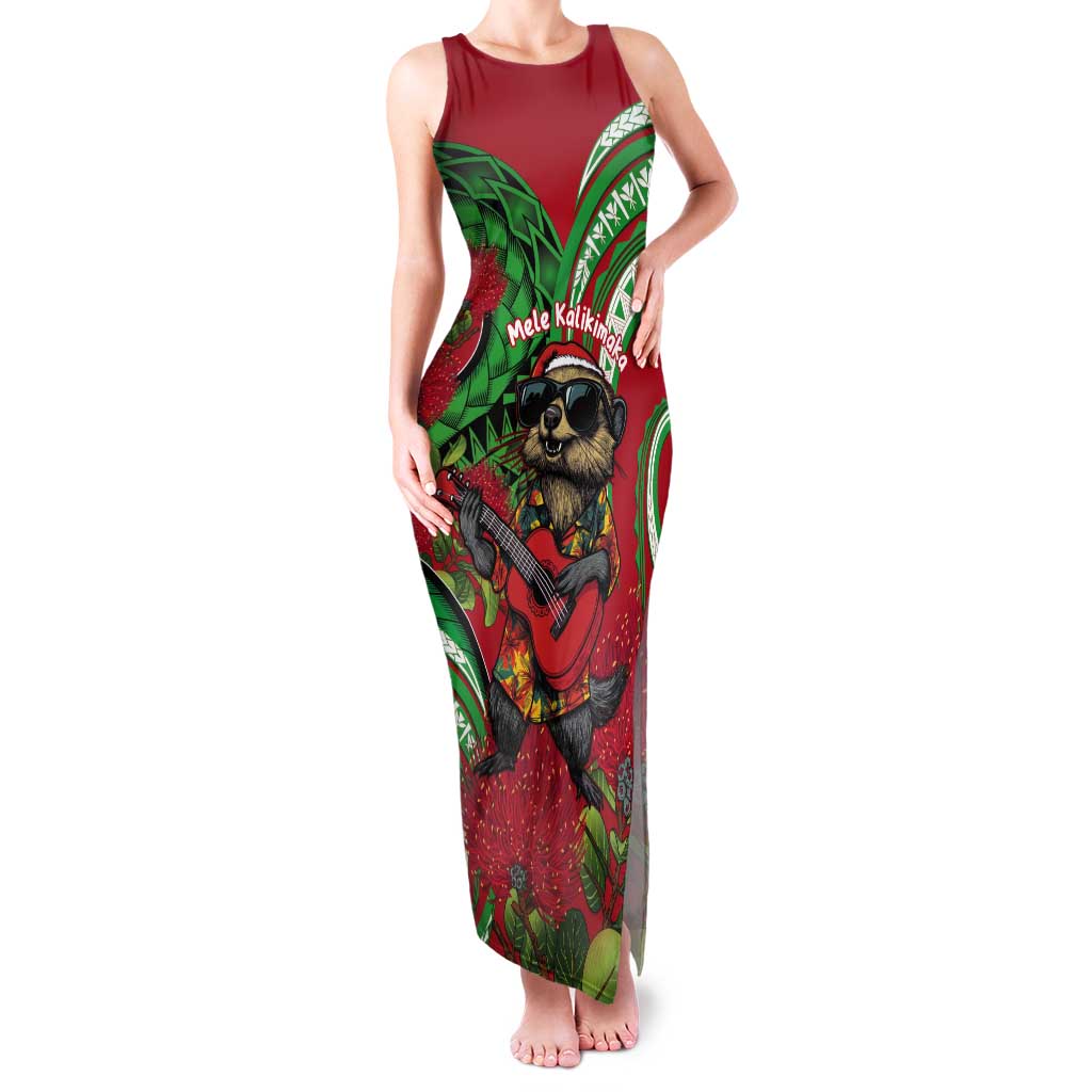 Mele Kalikimaka Hawaii Tank Maxi Dress Mongoose Santa With Ohia Lehua