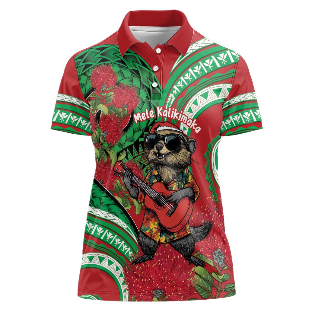 Mele Kalikimaka Hawaii Women Polo Shirt Mongoose Santa With Ohia Lehua