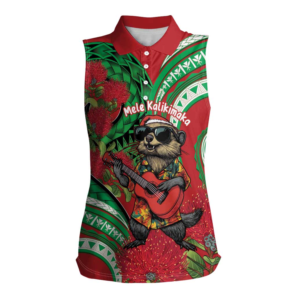 Mele Kalikimaka Hawaii Women Sleeveless Polo Shirt Mongoose Santa With Ohia Lehua