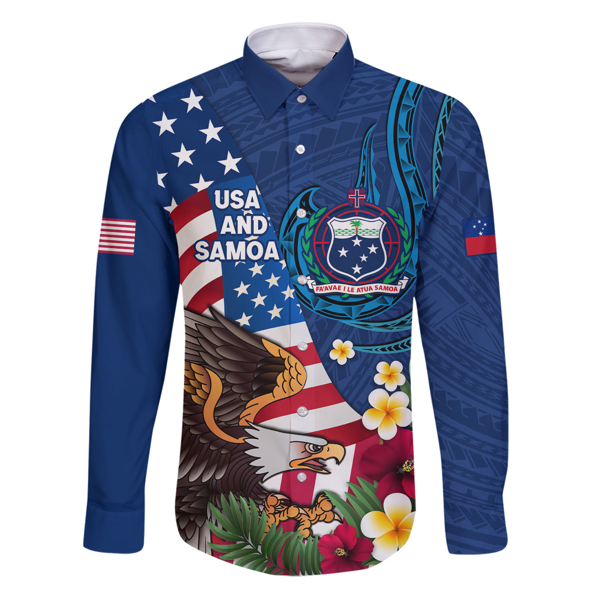 United States And Samoa Family Matching Mermaid Dress and Hawaiian Shirt USA Flag Eagle Mix Samoan Coat Of Arms LT14 Dad's Shirt - Long Sleeve Blue - Polynesian Pride