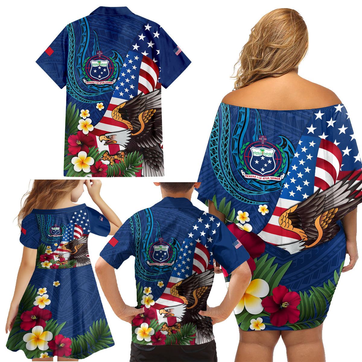 United States And Samoa Family Matching Off Shoulder Short Dress and Hawaiian Shirt USA Flag Eagle Mix Samoan Coat Of Arms LT14 - Polynesian Pride