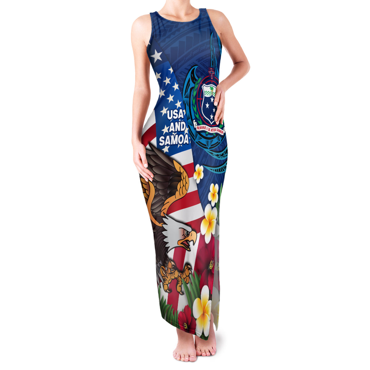 United States And Samoa Family Matching Tank Maxi Dress and Hawaiian Shirt USA Flag Eagle Mix Samoan Coat Of Arms LT14 Mom's Dress Blue - Polynesian Pride