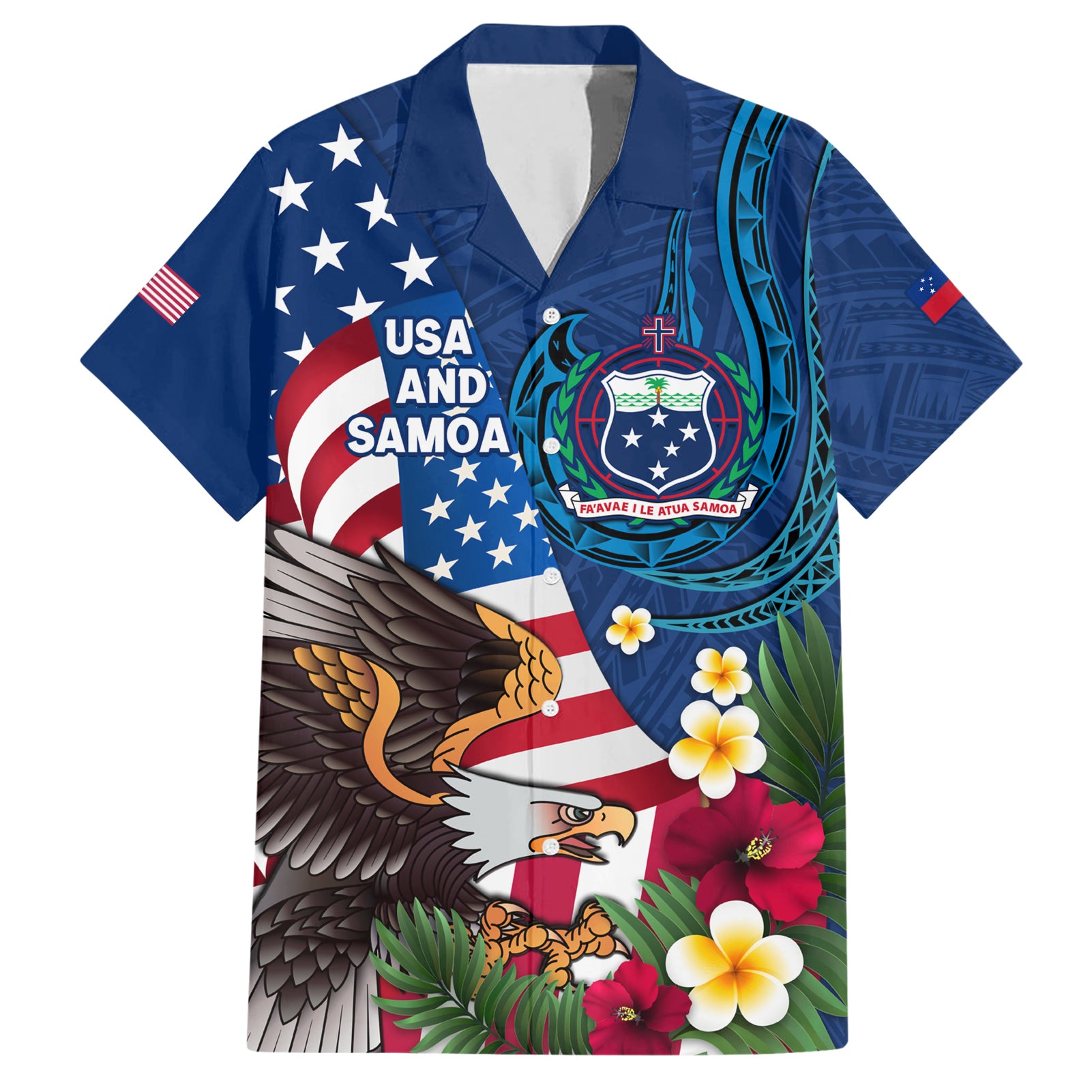 United States And Samoa Hawaiian Shirt USA Flag Eagle Mix Samoan Coat Of Arms LT14 Blue - Polynesian Pride