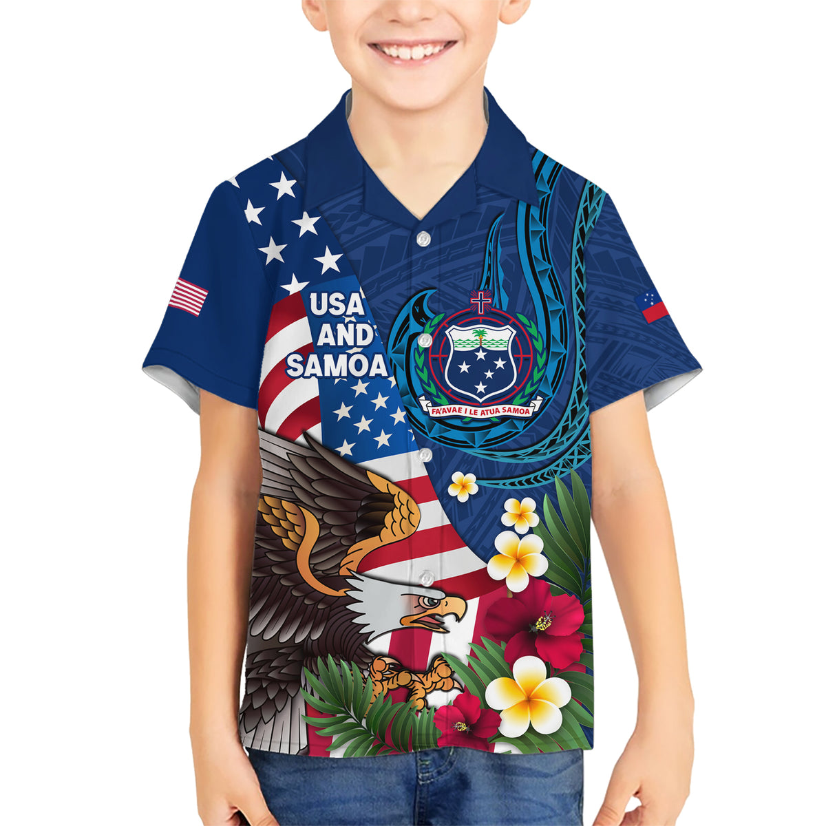 United States And Samoa Hawaiian Shirt USA Flag Eagle Mix Samoan Coat Of Arms LT14 - Polynesian Pride