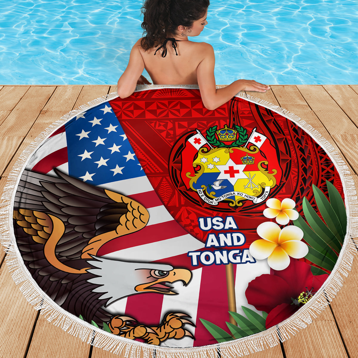 United States And Tonga Beach Blanket USA Flag Eagle Mix Tongan Coat Of Arms Ngatu Pattern LT14 - Polynesian Pride