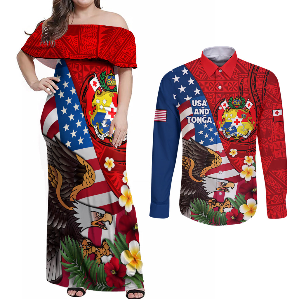 United States And Tonga Couples Matching Off Shoulder Maxi Dress and Long Sleeve Button Shirt USA Flag Eagle Mix Tongan Coat Of Arms Ngatu Pattern LT14 Blue - Polynesian Pride