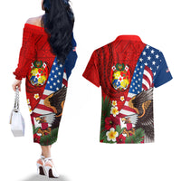 United States And Tonga Couples Matching Off The Shoulder Long Sleeve Dress and Hawaiian Shirt USA Flag Eagle Mix Tongan Coat Of Arms Ngatu Pattern LT14 - Polynesian Pride