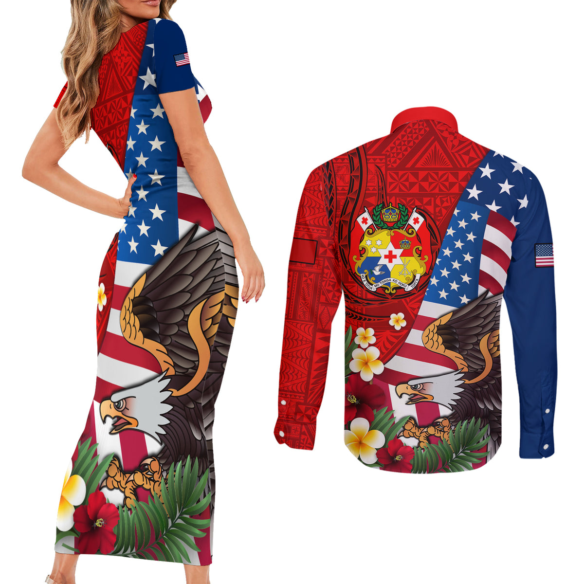 United States And Tonga Couples Matching Short Sleeve Bodycon Dress and Long Sleeve Button Shirt USA Flag Eagle Mix Tongan Coat Of Arms Ngatu Pattern LT14 - Polynesian Pride