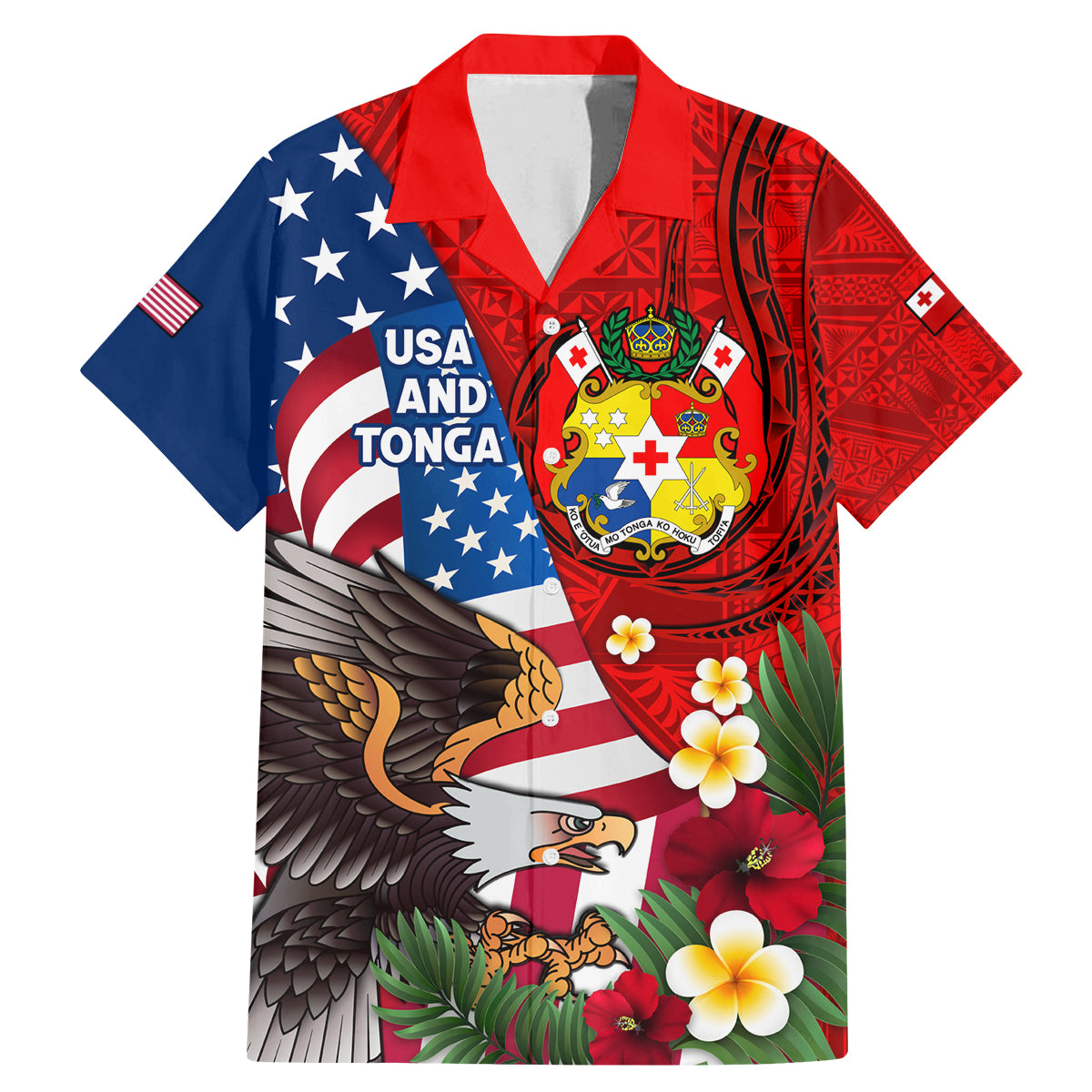 United States And Tonga Family Matching Mermaid Dress and Hawaiian Shirt USA Flag Eagle Mix Tongan Coat Of Arms Ngatu Pattern LT14 Dad's Shirt - Short Sleeve Blue - Polynesian Pride