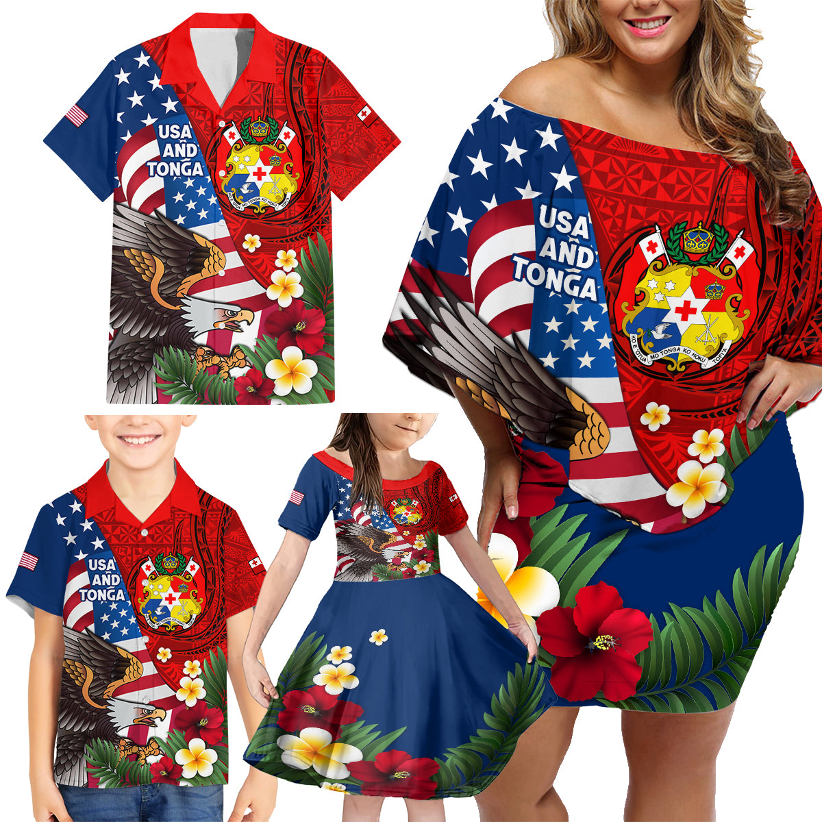 United States And Tonga Family Matching Off Shoulder Short Dress and Hawaiian Shirt USA Flag Eagle Mix Tongan Coat Of Arms Ngatu Pattern LT14 - Polynesian Pride