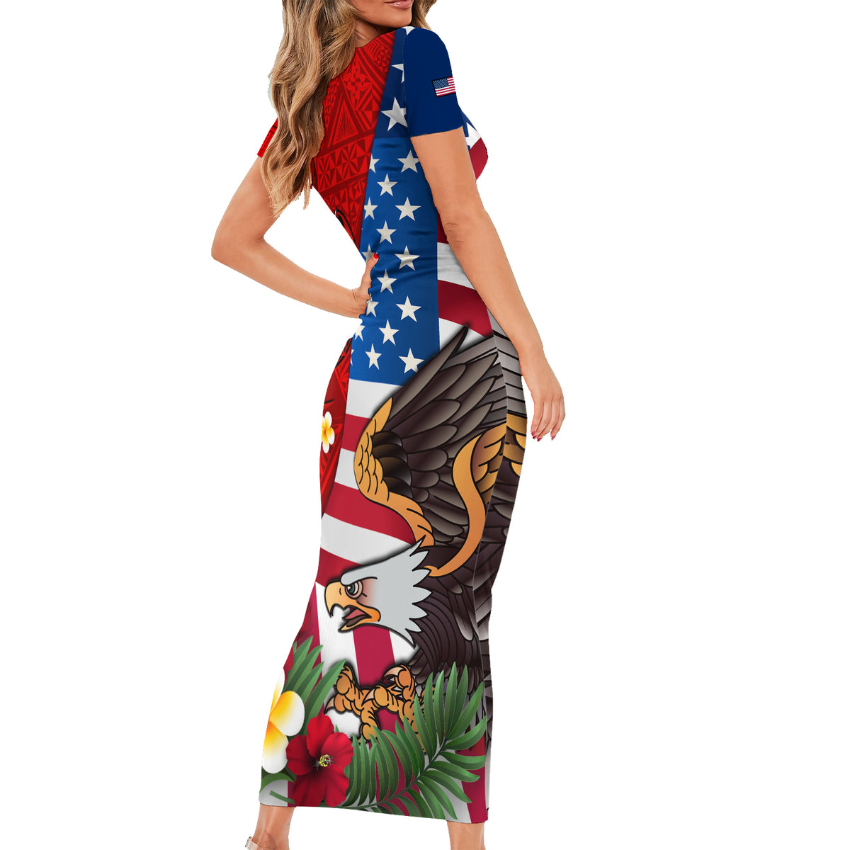 United States And Tonga Family Matching Short Sleeve Bodycon Dress and Hawaiian Shirt USA Flag Eagle Mix Tongan Coat Of Arms Ngatu Pattern LT14 - Polynesian Pride