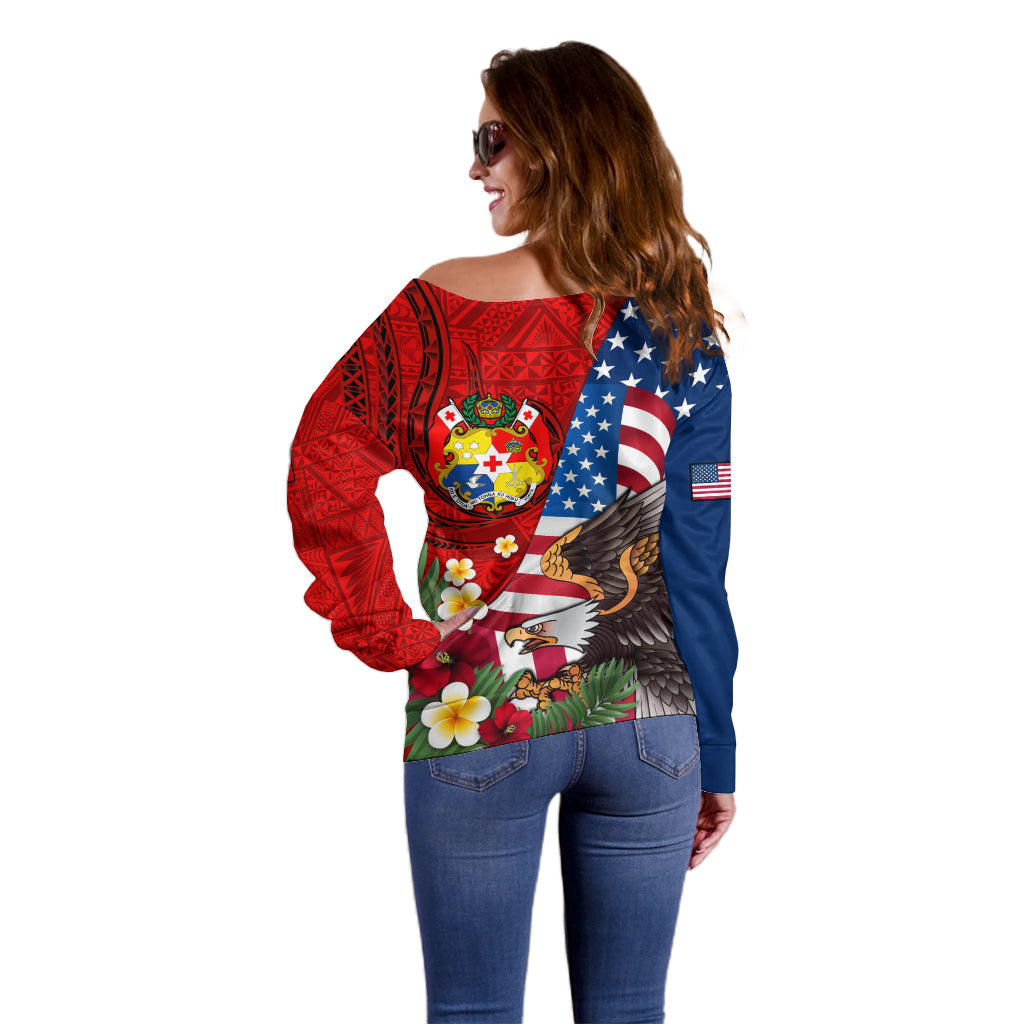 United States And Tonga Off Shoulder Sweater USA Flag Eagle Mix Tongan Coat Of Arms Ngatu Pattern LT14 - Polynesian Pride