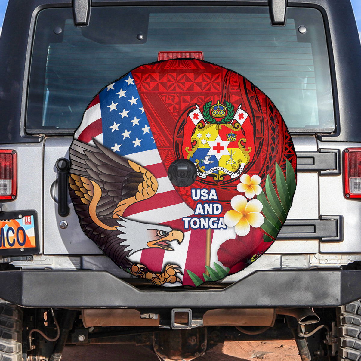 United States And Tonga Spare Tire Cover USA Flag Eagle Mix Tongan Coat Of Arms Ngatu Pattern LT14 - Polynesian Pride