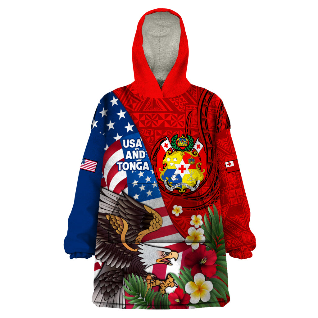 United States And Tonga Wearable Blanket Hoodie USA Flag Eagle Mix Tongan Coat Of Arms Ngatu Pattern LT14 One Size Blue - Polynesian Pride