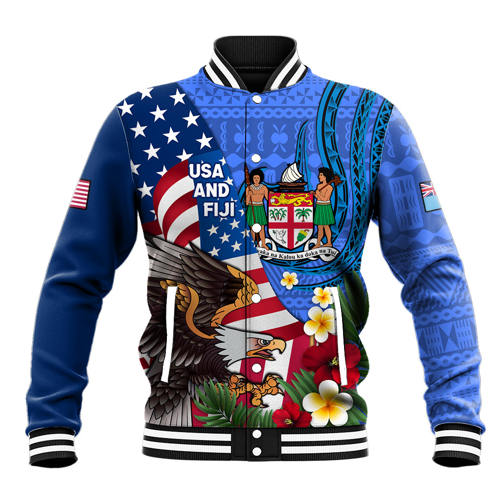 United States And Fiji Baseball Jacket USA Flag Eagle Mix Fijian Coat Of Arms Tapa Pattern LT14 Unisex Blue - Polynesian Pride