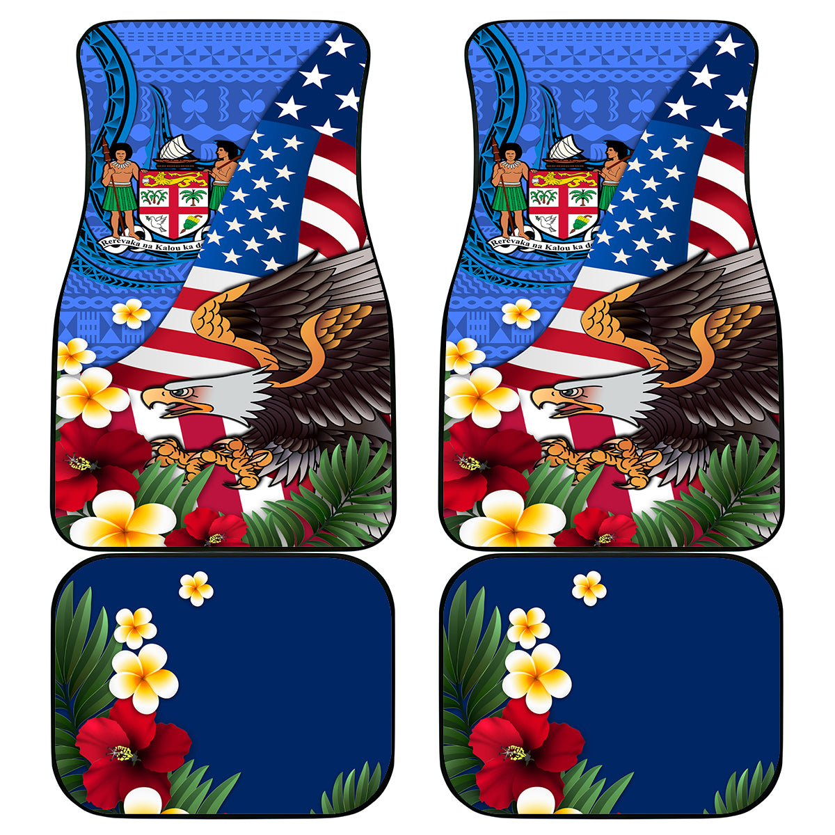 United States And Fiji Car Mats USA Flag Eagle Mix Fijian Coat Of Arms Tapa Pattern LT14 Blue - Polynesian Pride