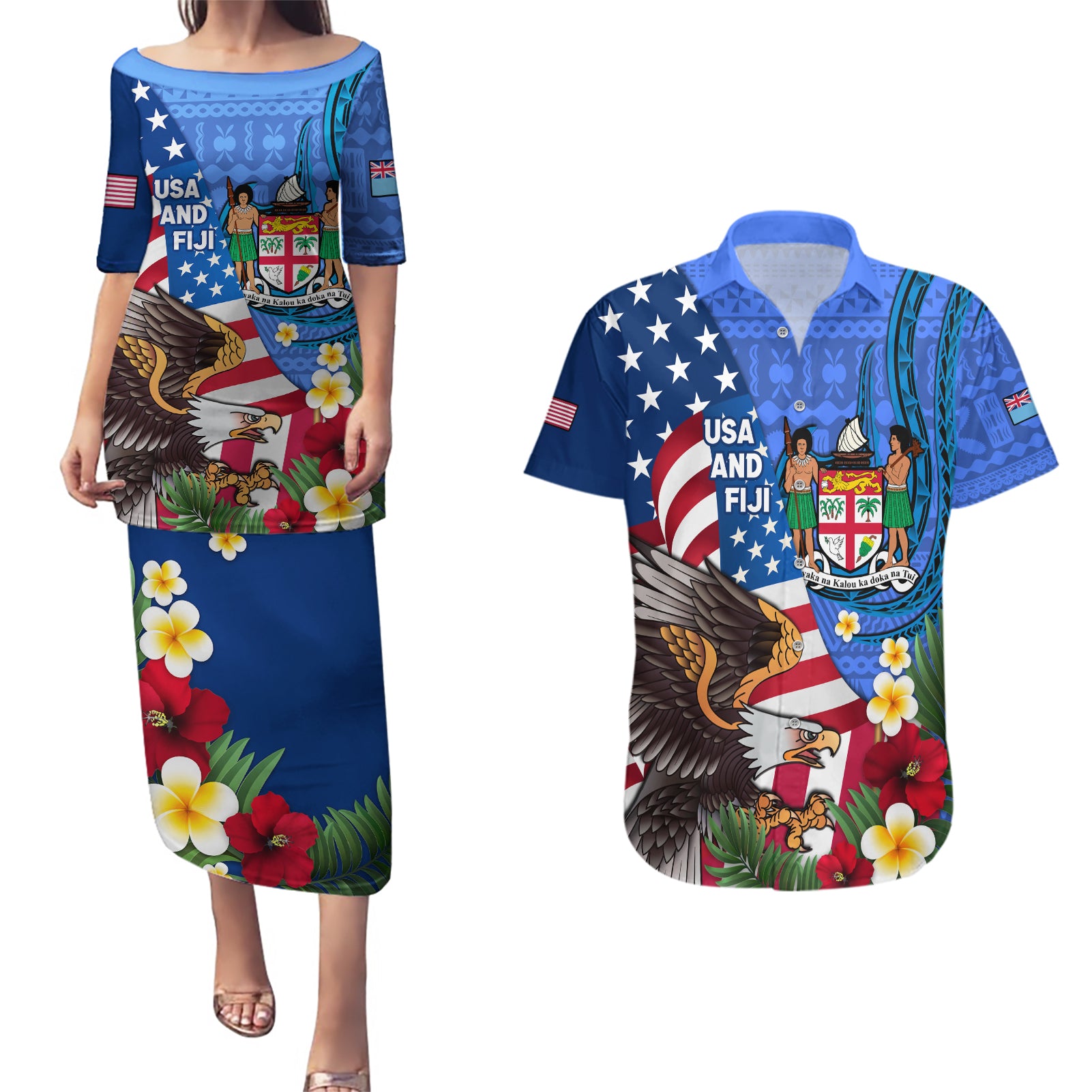 United States And Fiji Couples Matching Puletasi Dress and Hawaiian Shirt USA Flag Eagle Mix Fijian Coat Of Arms Tapa Pattern LT14 Blue - Polynesian Pride