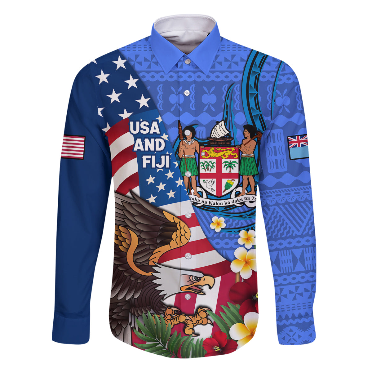 United States And Fiji Family Matching Off Shoulder Long Sleeve Dress and Hawaiian Shirt USA Flag Eagle Mix Fijian Coat Of Arms Tapa Pattern LT14 Dad's Shirt - Long Sleeve Blue - Polynesian Pride