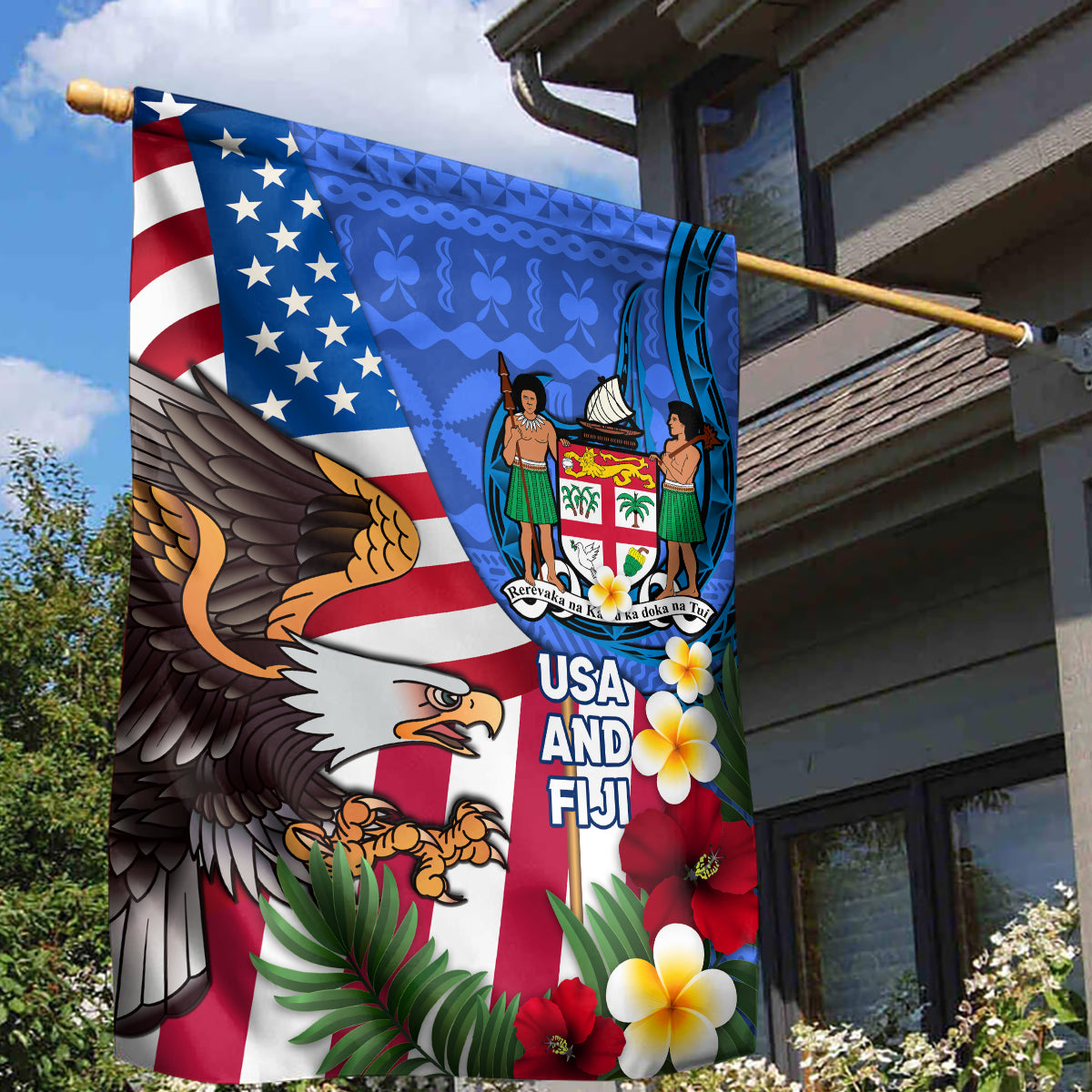 United States And Fiji Garden Flag USA Flag Eagle Mix Fijian Coat Of Arms Tapa Pattern LT14 - Polynesian Pride