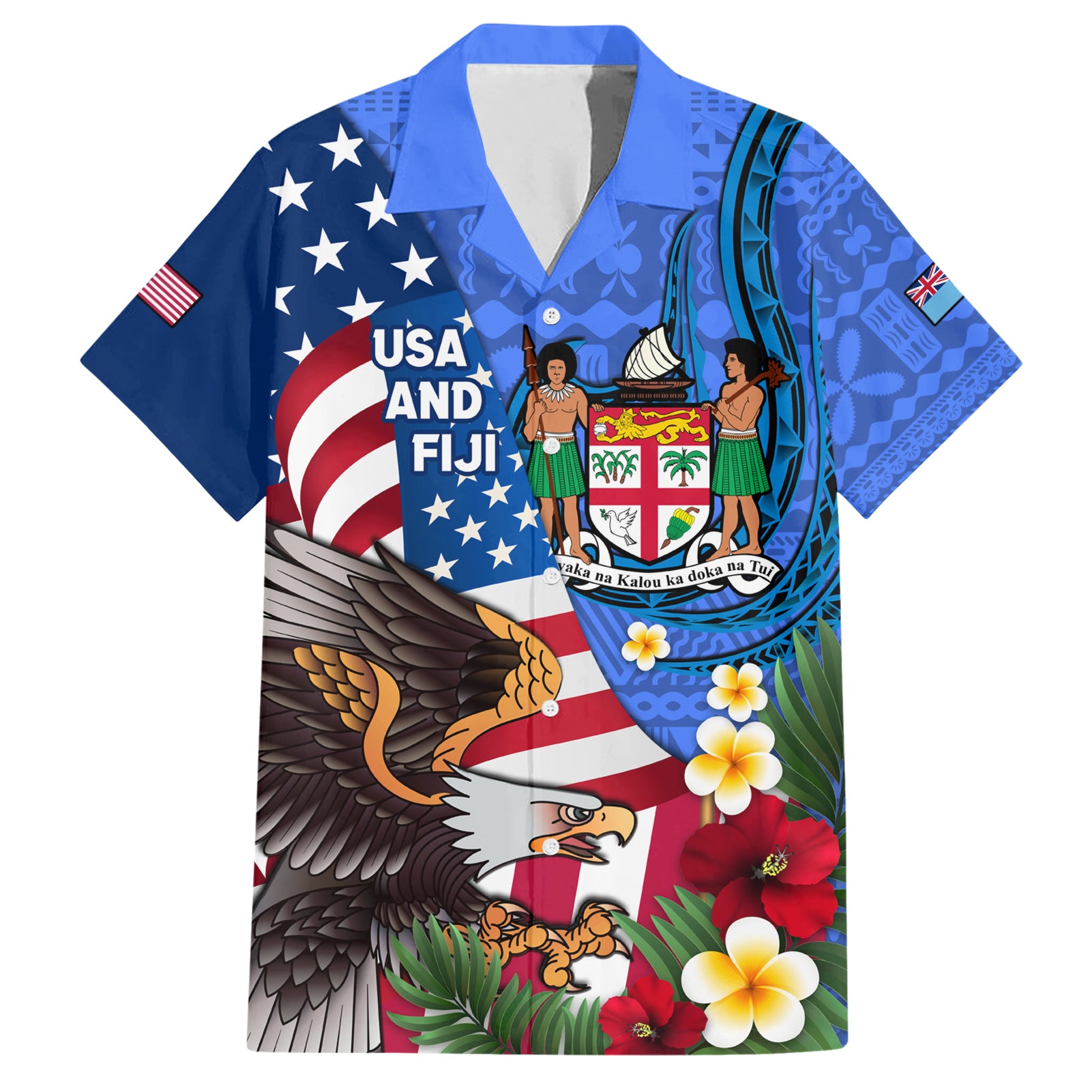 United States And Fiji Hawaiian Shirt USA Flag Eagle Mix Fijian Coat Of Arms Tapa Pattern LT14 Blue - Polynesian Pride