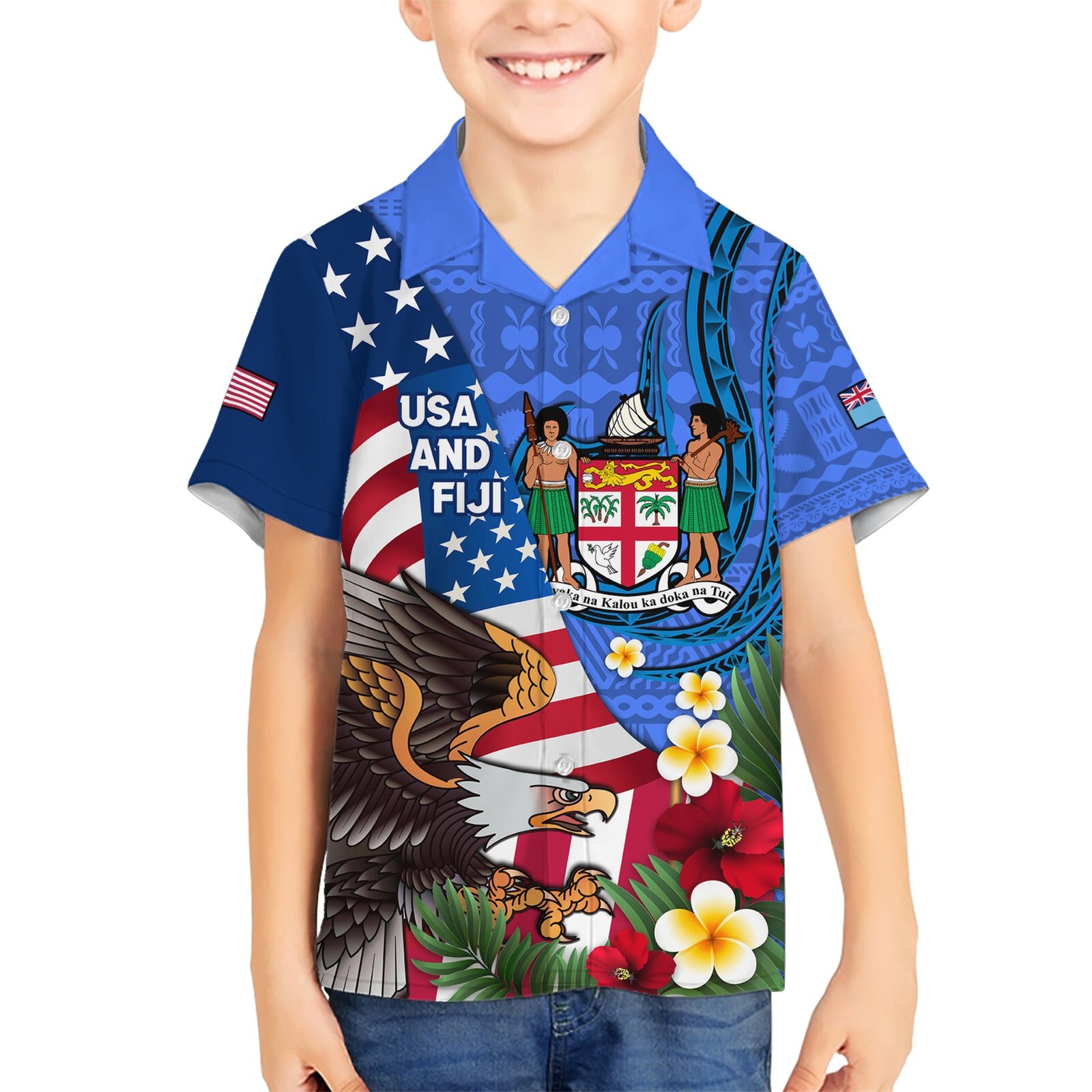 United States And Fiji Kid Hawaiian Shirt USA Flag Eagle Mix Fijian Coat Of Arms Tapa Pattern LT14 Kid Blue - Polynesian Pride