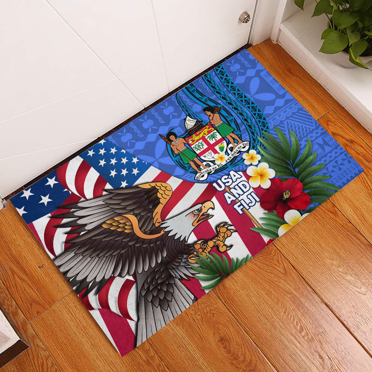 United States And Fiji Rubber Doormat USA Flag Eagle Mix Fijian Coat Of Arms Tapa Pattern LT14 Blue - Polynesian Pride