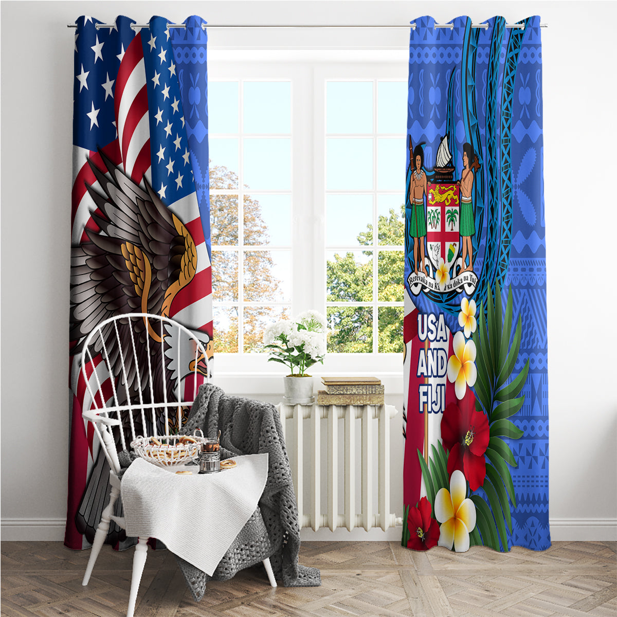 United States And Fiji Window Curtain USA Flag Eagle Mix Fijian Coat Of Arms Tapa Pattern LT14 - Polynesian Pride