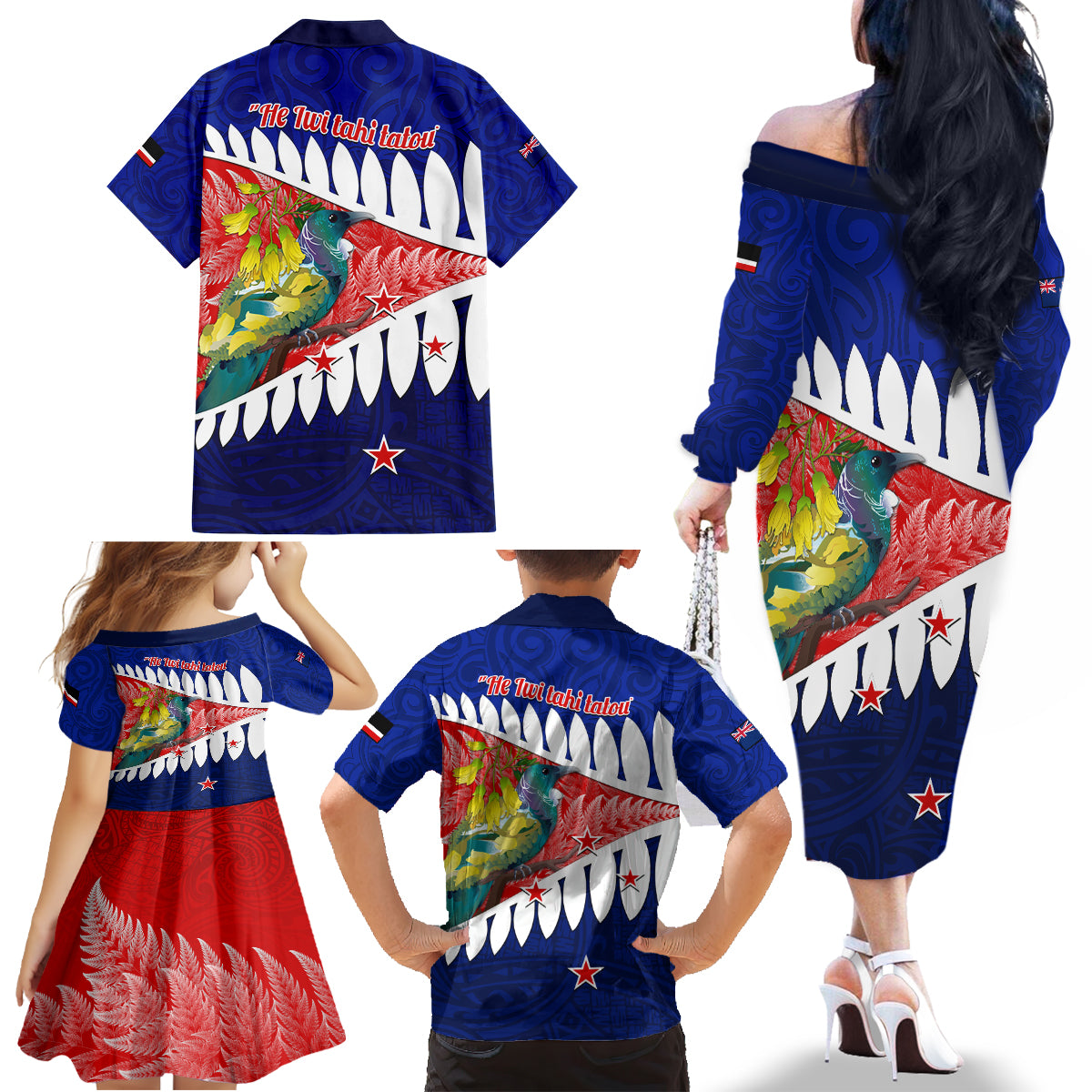 New Zealand Waitangi Day Family Matching Off Shoulder Long Sleeve Dress and Hawaiian Shirt NZ Maori Tui Bird With Kowhai Flowers LT14 - Polynesian Pride