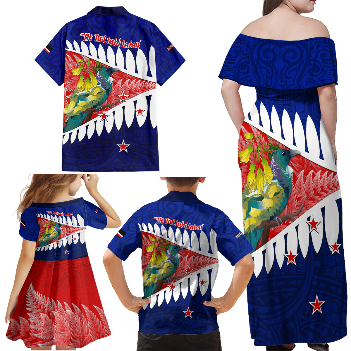 New Zealand Waitangi Day Family Matching Off Shoulder Maxi Dress and Hawaiian Shirt NZ Maori Tui Bird With Kowhai Flowers LT14 - Polynesian Pride