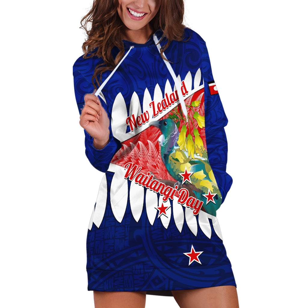 New Zealand Waitangi Day Hoodie Dress NZ Maori Tui Bird With Kowhai Flowers LT14 Blue - Polynesian Pride