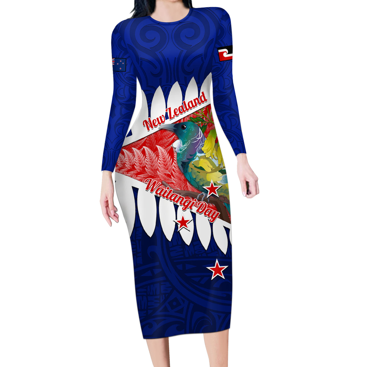 New Zealand Waitangi Day Long Sleeve Bodycon Dress NZ Maori Tui Bird With Kowhai Flowers LT14 Long Dress Blue - Polynesian Pride