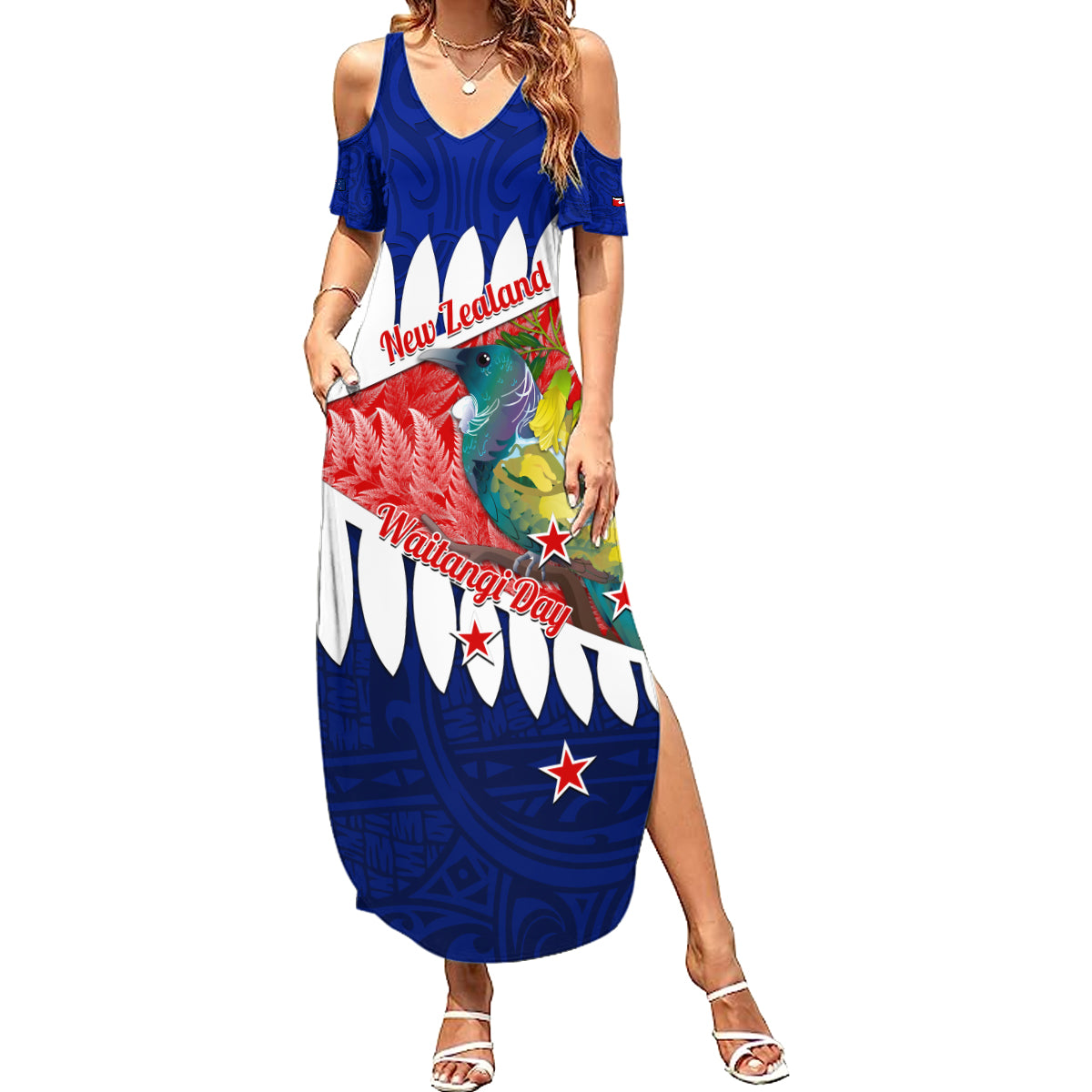 New Zealand Waitangi Day Summer Maxi Dress NZ Maori Tui Bird With Kowhai Flowers LT14 Women Blue - Polynesian Pride