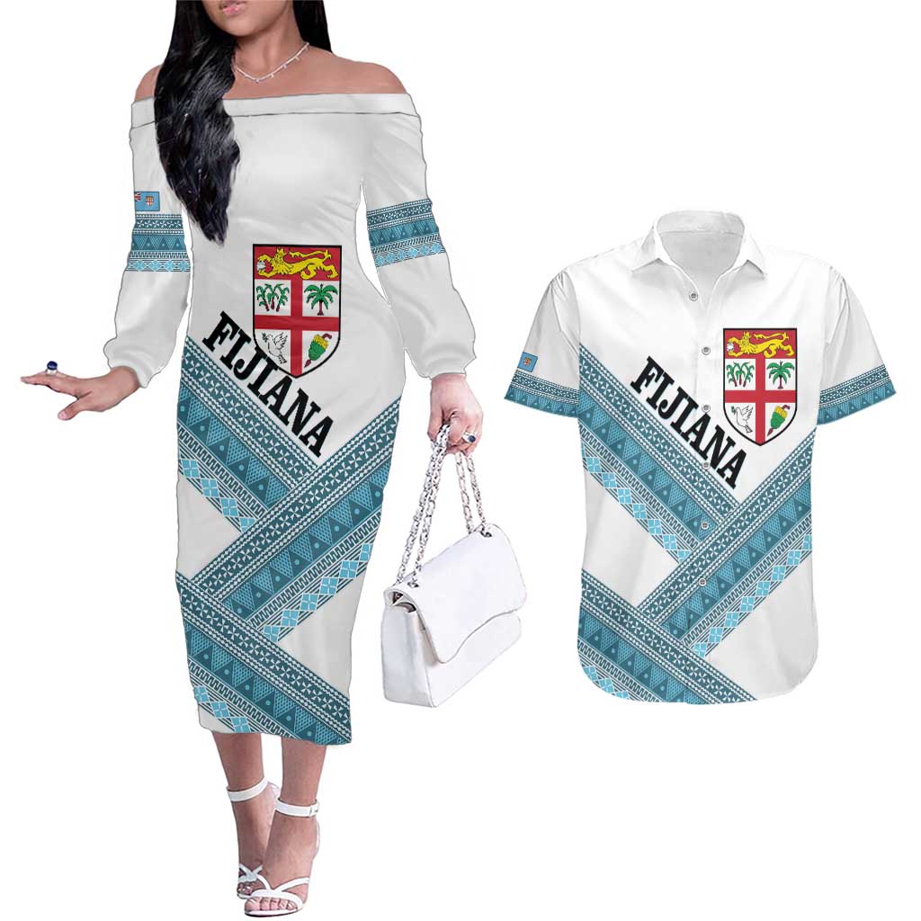 Custom Fiji Tapa Rugby 2025 Couples Matching Off The Shoulder Long Sleeve Dress and Hawaiian Shirt Go Champions Fijiana