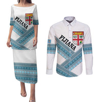 Custom Fiji Tapa Rugby 2025 Couples Matching Puletasi and Long Sleeve Button Shirt Go Champions Fijiana LT14 White - Polynesian Pride