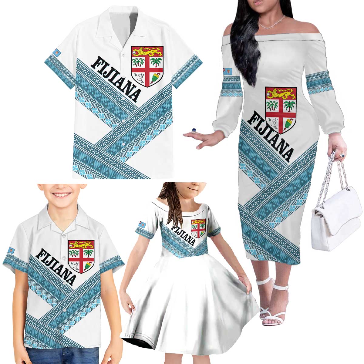 Custom Fiji Tapa Rugby 2025 Family Matching Off The Shoulder Long Sleeve Dress and Hawaiian Shirt Go Champions Fijiana