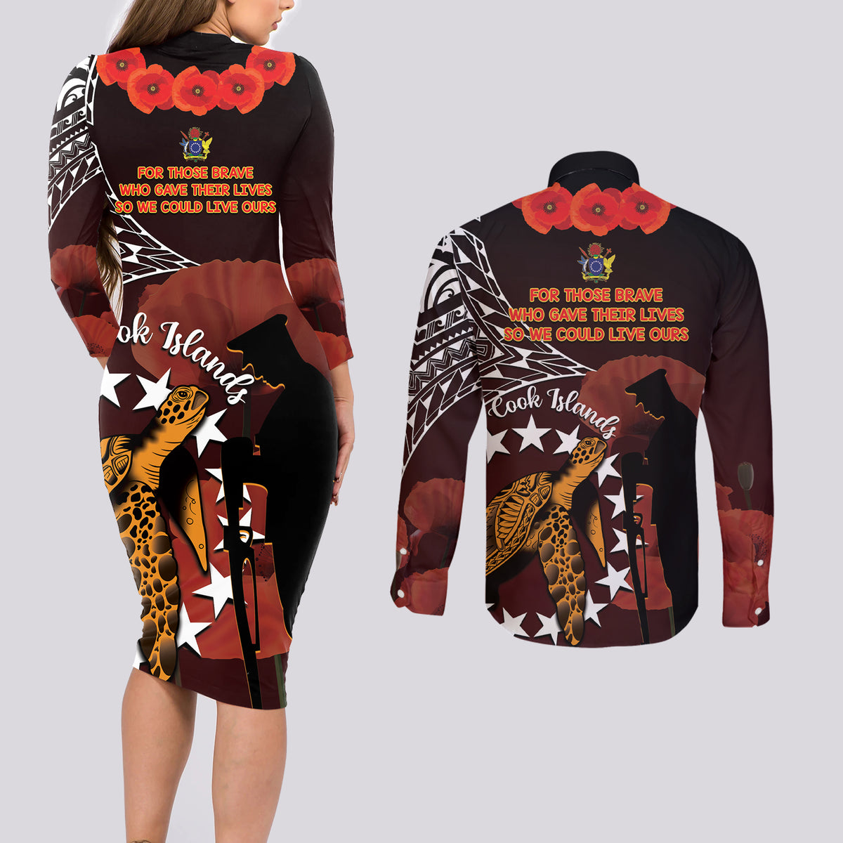 Cook Islands ANZAC Day Couples Matching Long Sleeve Bodycon Dress and Long Sleeve Button Shirt Poppies With Sea Turtle LT14 - Polynesian Pride