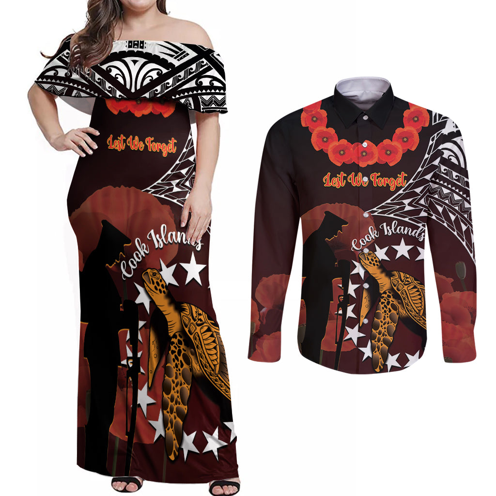 Cook Islands ANZAC Day Couples Matching Off Shoulder Maxi Dress and Long Sleeve Button Shirt Poppies With Sea Turtle LT14 Red - Polynesian Pride